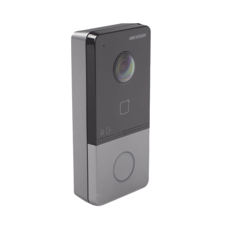 Hikvision wall-mounted video intercom with round camera lens on dark panel