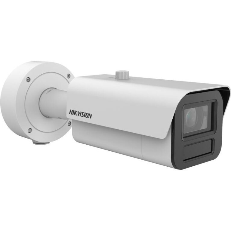 Hikvision security camera in white housing mounted on a wall bracket for outdoor surveillance
