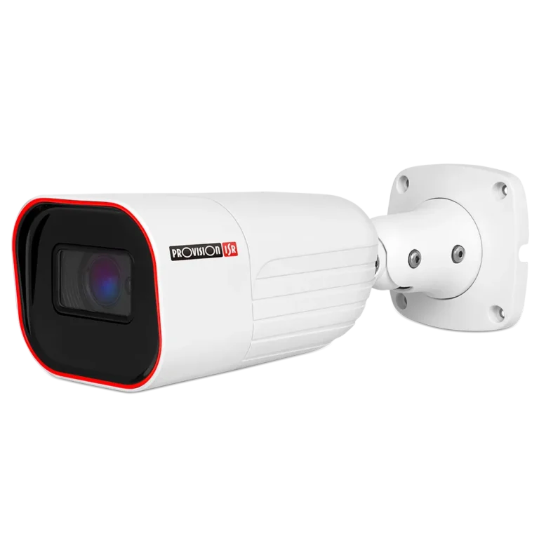 White outdoor security camera with black lens housing and red accent, mounted on a white bracket. A CCTV-style camera ready for surveillance.”,