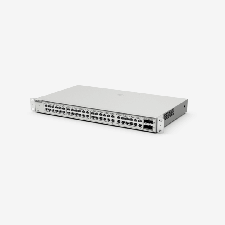 Rack-mounted network switch with 48 Ethernet ports (two rows) in a metal chassis
